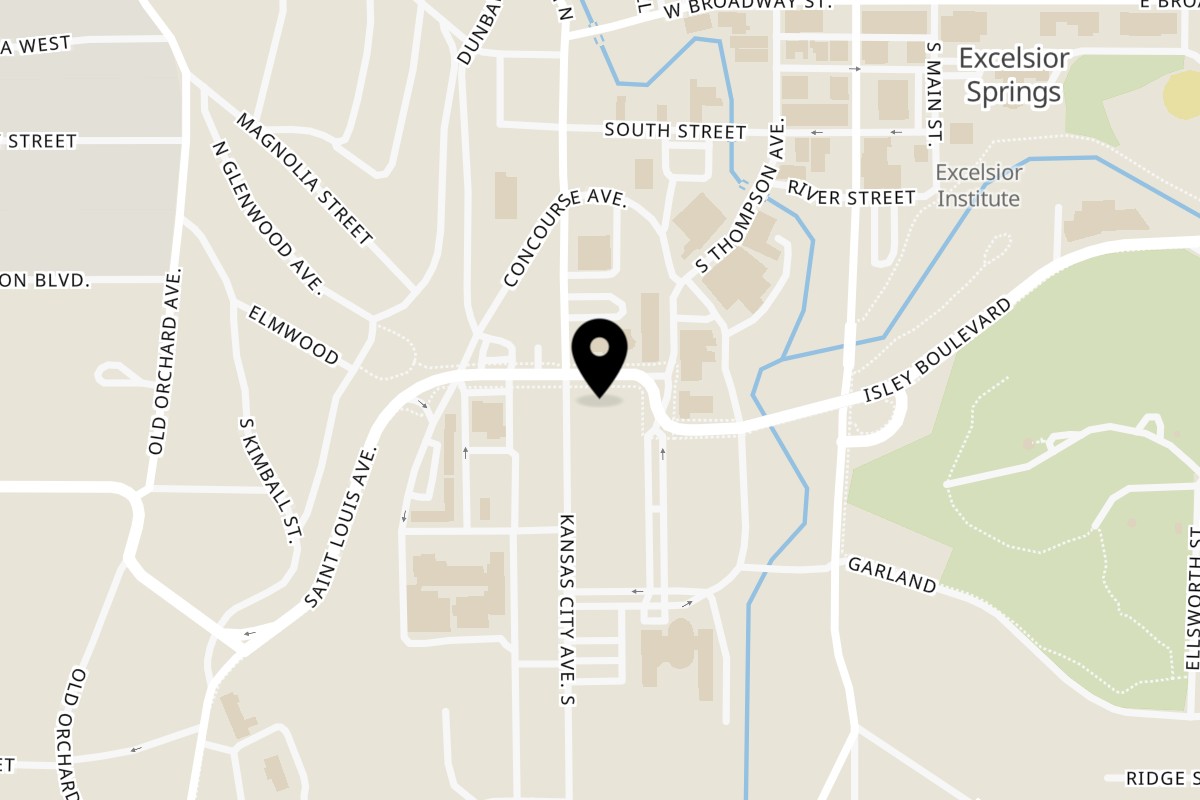 Map showing the location of The Springs Restaurant on 415 St Louis Ave in Excelsior Springs
